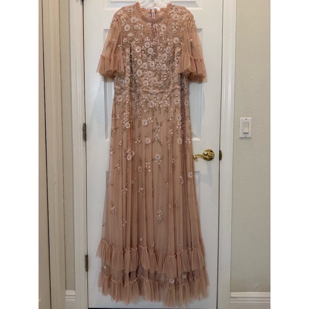 Mac Duggal 9199 Ruffled Floral Embellished Flutter Sleeve A-Line Gown Sz 16 NWT - Picture 4 of 12
